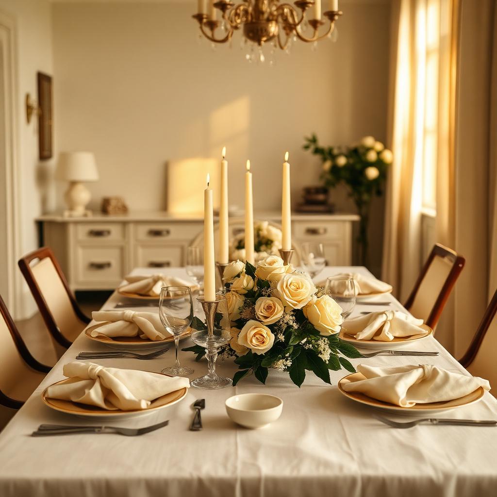 Family dinner table set with candles and roses
