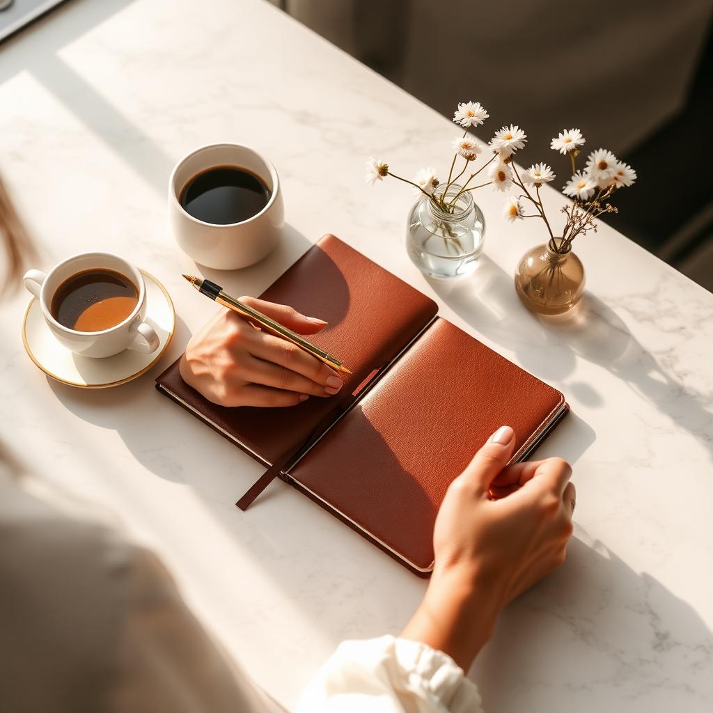 Hands writing in a leather household planner