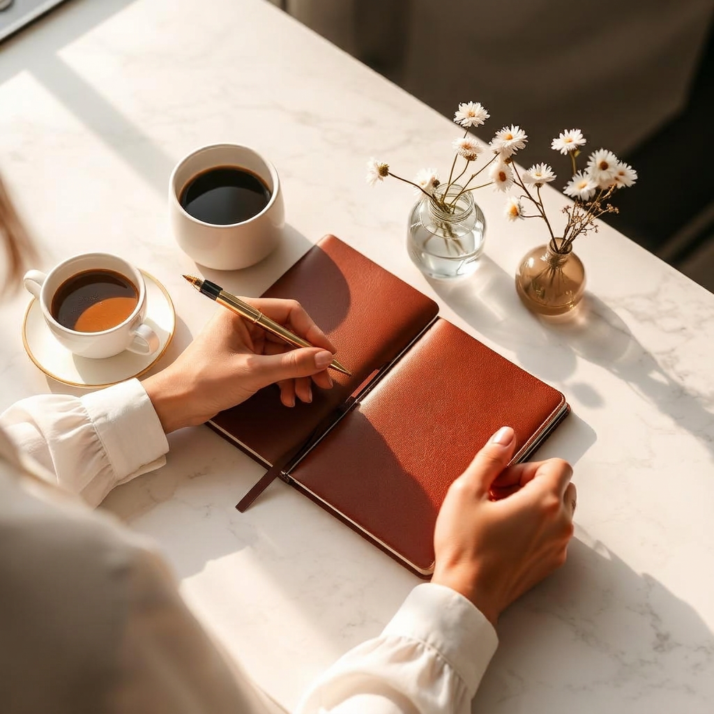 Hands writing in a leather household planner